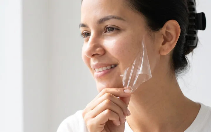 Mujer retirando la mascarilla en una sola capa en la mañana
