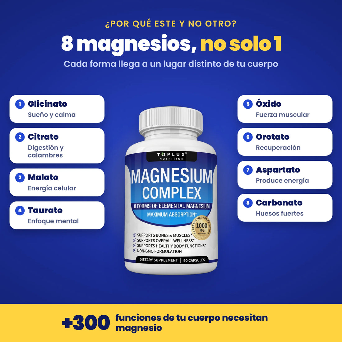 Las 8 formas de magnesio de Magnesium Complex: glicinato, citrato, malato, taurato, óxido, orotato, aspartato y carbonato