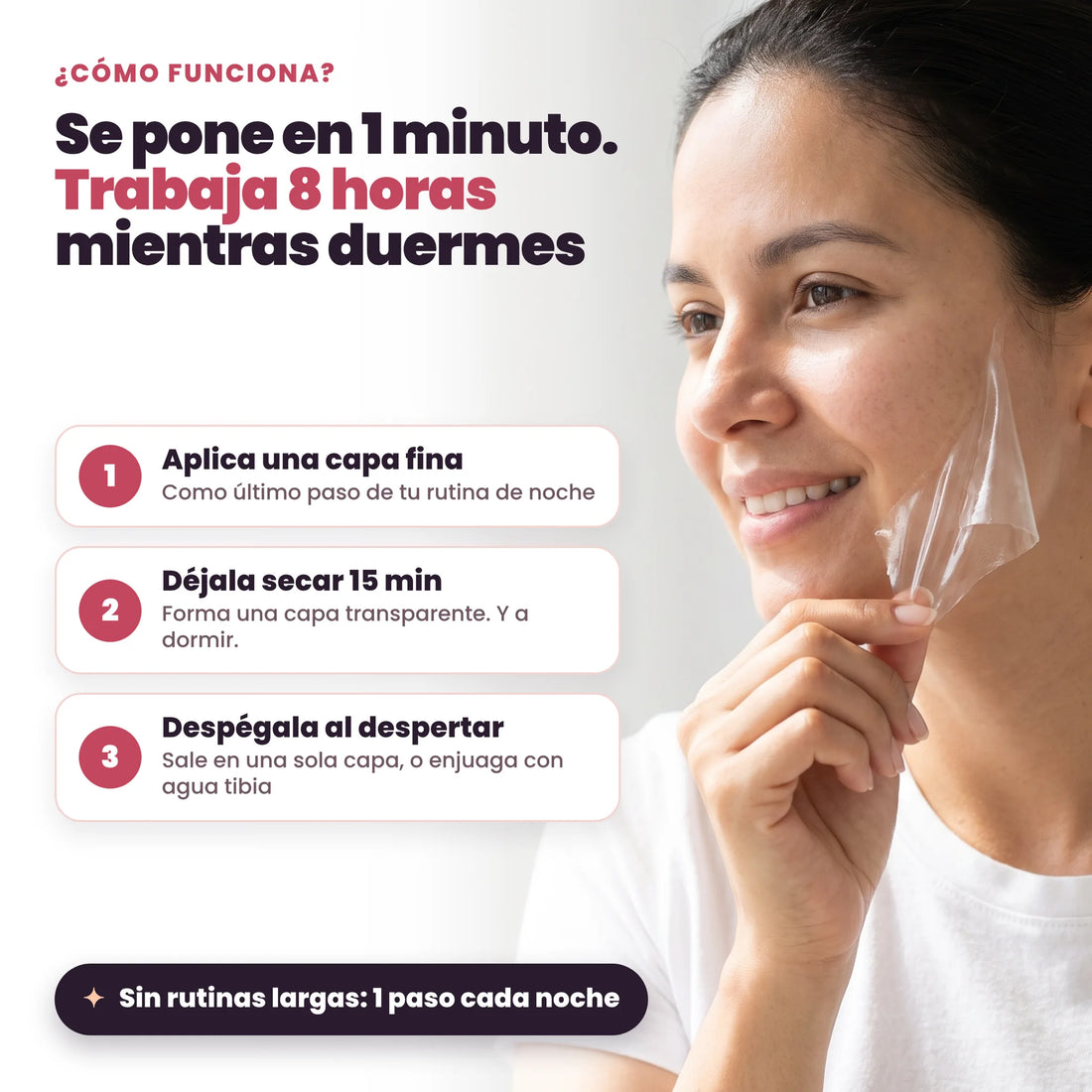 Cómo funciona la Collagen Night Wrapping Mask: se aplica en 1 minuto, seca en 15 y se retira en una sola capa