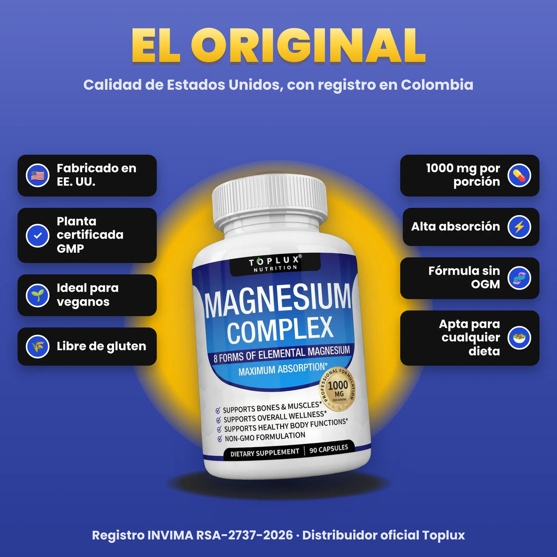 Magnesium Complex fabricado en Estados Unidos en planta certificada GMP, vegano y sin gluten