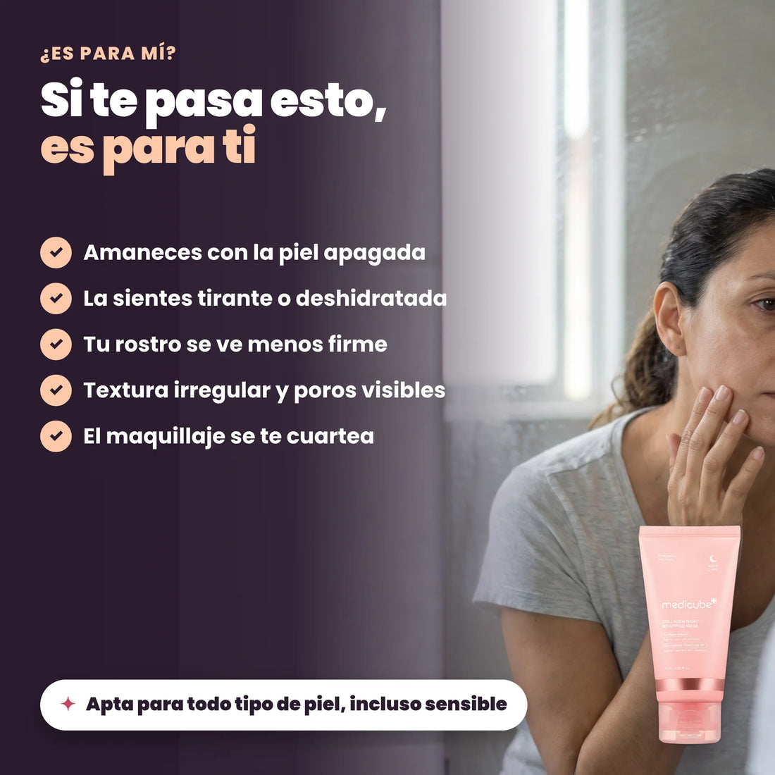 Para quién es la mascarilla: piel apagada, tirante, menos firme, con textura irregular o maquillaje que se cuartea