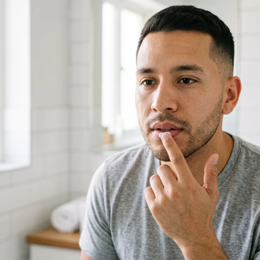 Hombre aplicando crema en el labio con la yema del dedo