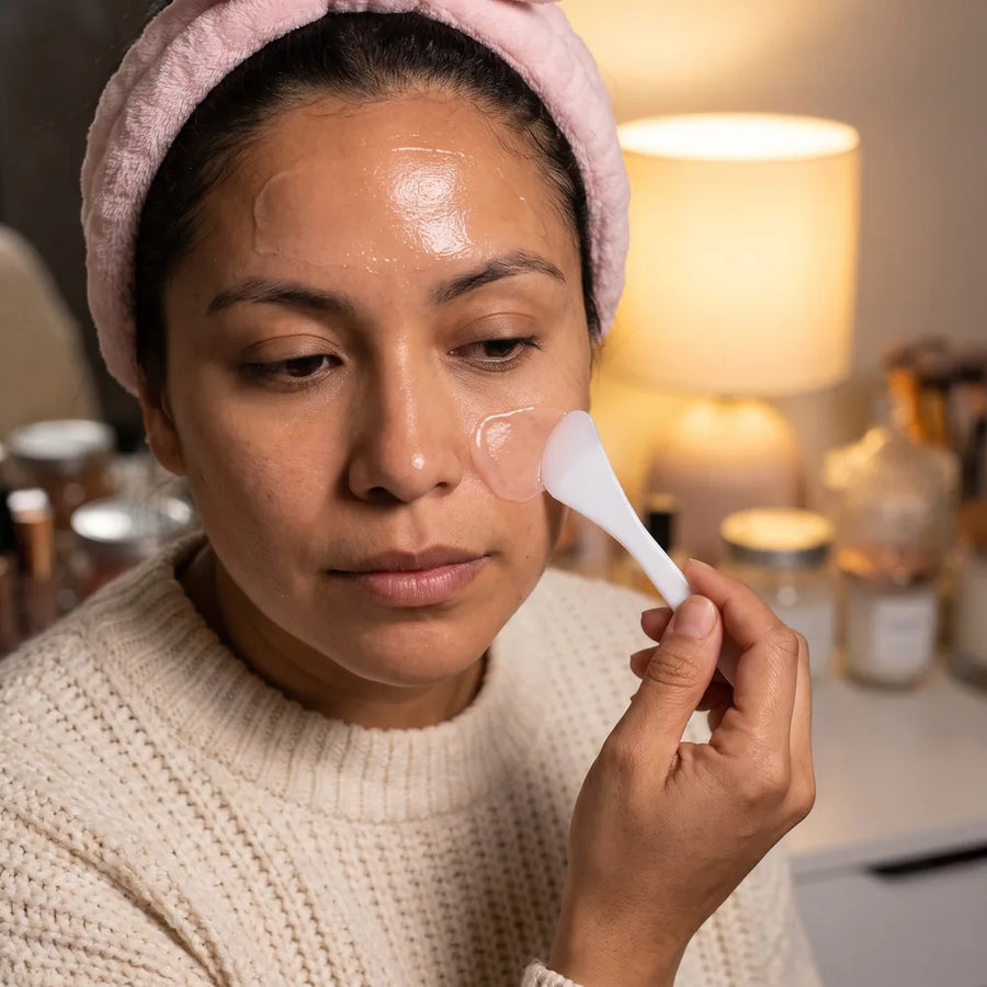 Mujer aplicando la mascarilla de colágeno con una espátula