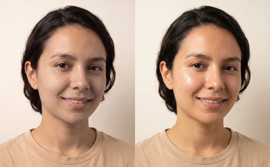 Antes y ahora: piel opaca y luego luminosa con efecto glow