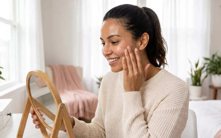 Mujer aplicando maquillaje sobre piel lisa e hidratada