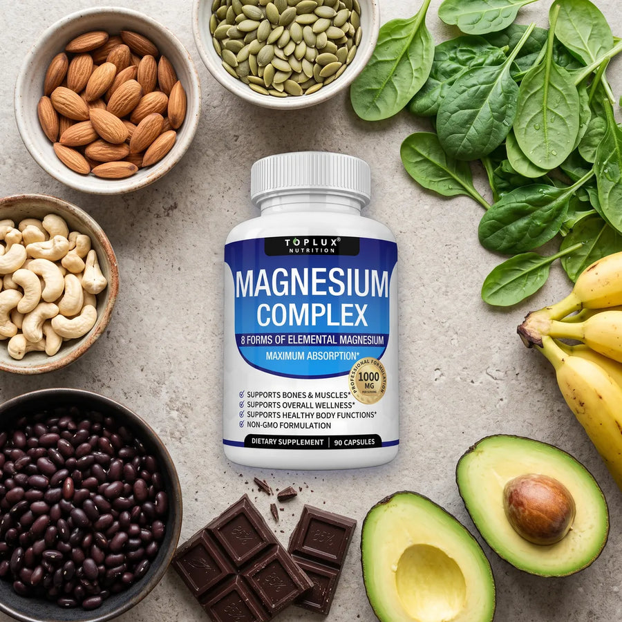 Frasco de Magnesium Complex rodeado de alimentos ricos en magnesio