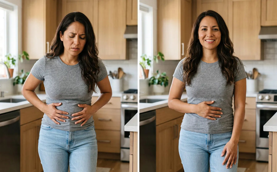 Antes y ahora: mujer con hinchazón abdominal y luego tranquila y liviana