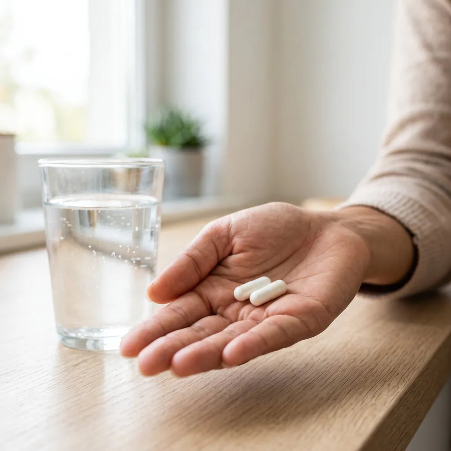 Mano con dos cápsulas de Magnesium Complex junto a un vaso de agua